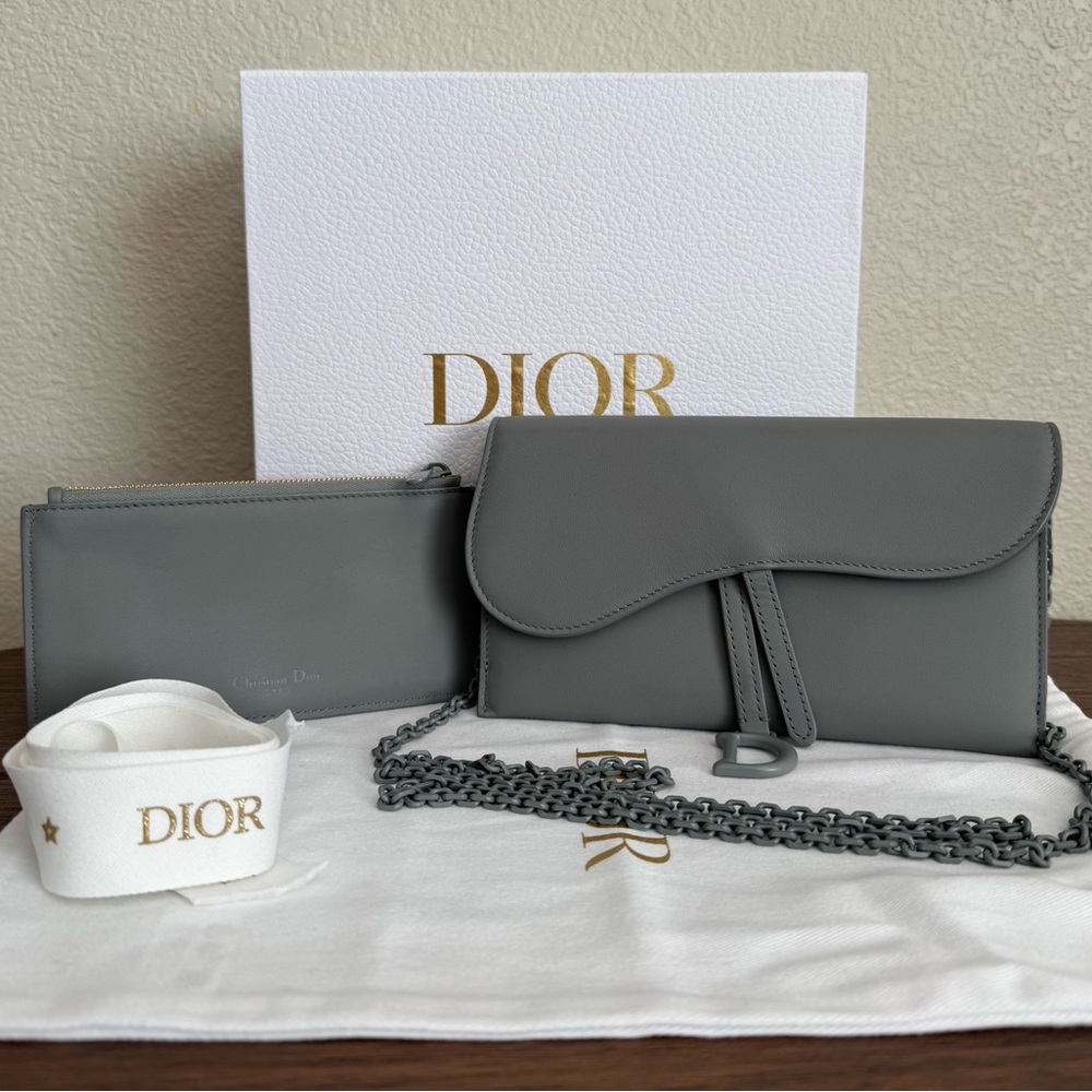 DIOR Ultra Matte Calfskin Leather Saddle Wallet on Chain in Grey